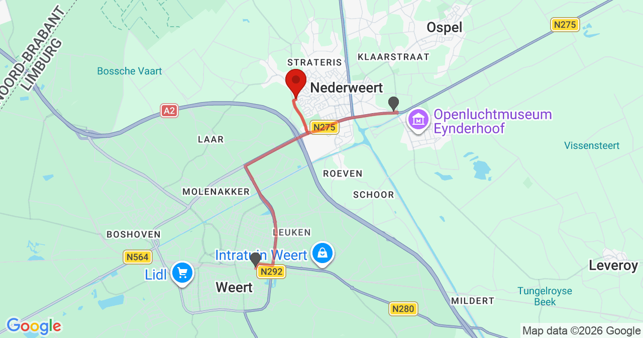 Kaart van het incident in Nederweert met de aanrijroutes van de gealarmeerde eenheden