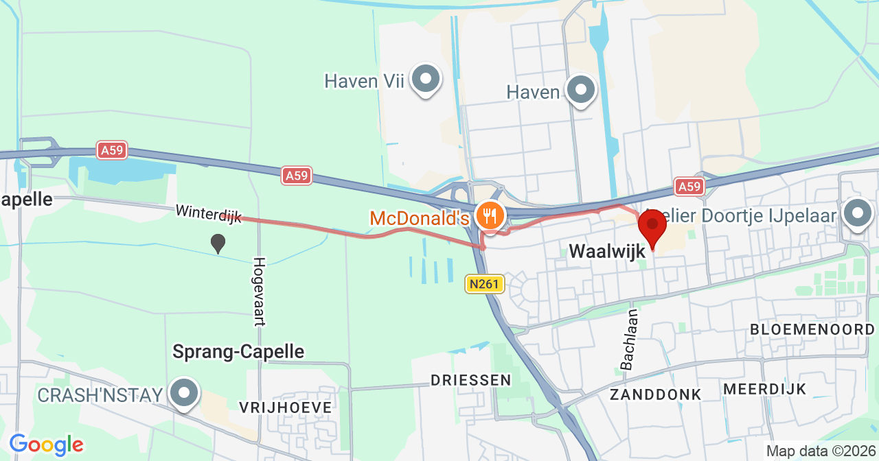 Kaart van het incident in Waalwijk met de aanrijroutes van de gealarmeerde eenheden