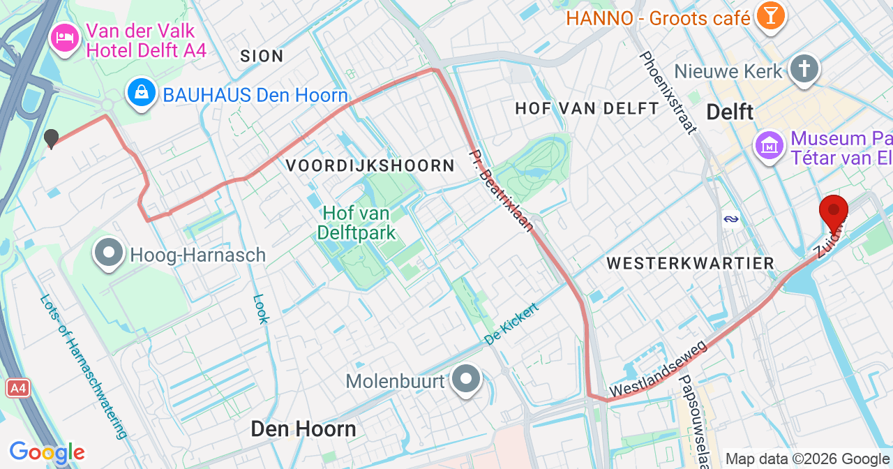 Kaart van het incident in Delft met de aanrijroutes van de gealarmeerde eenheden