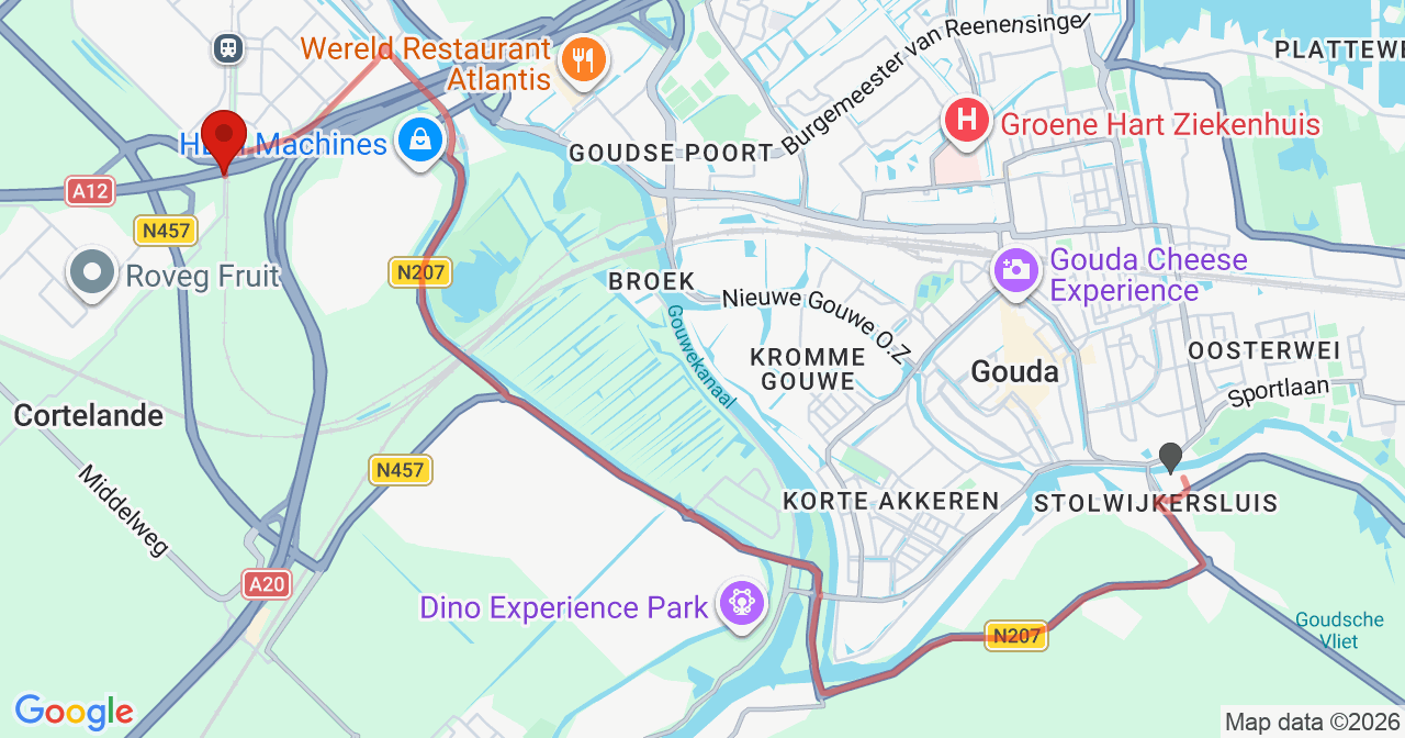 Kaart van het incident in Waddinxveen met de aanrijroutes van de gealarmeerde eenheden