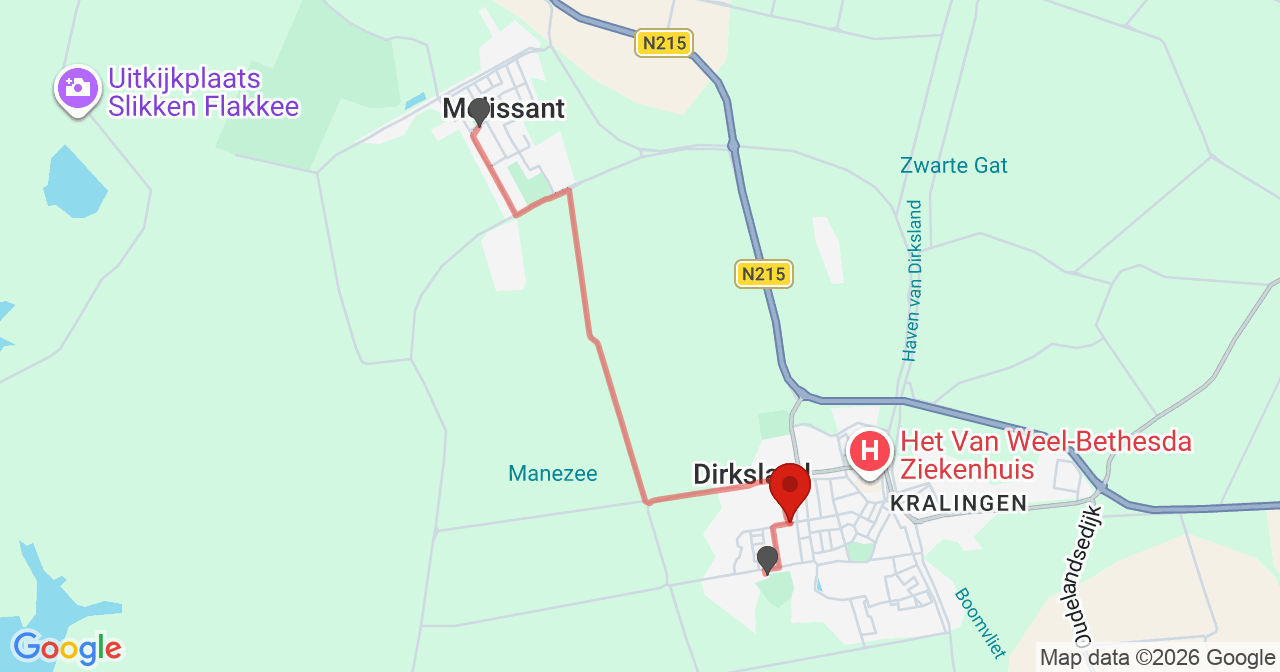 Kaart van het incident in Dirksland met de aanrijroutes van de gealarmeerde eenheden