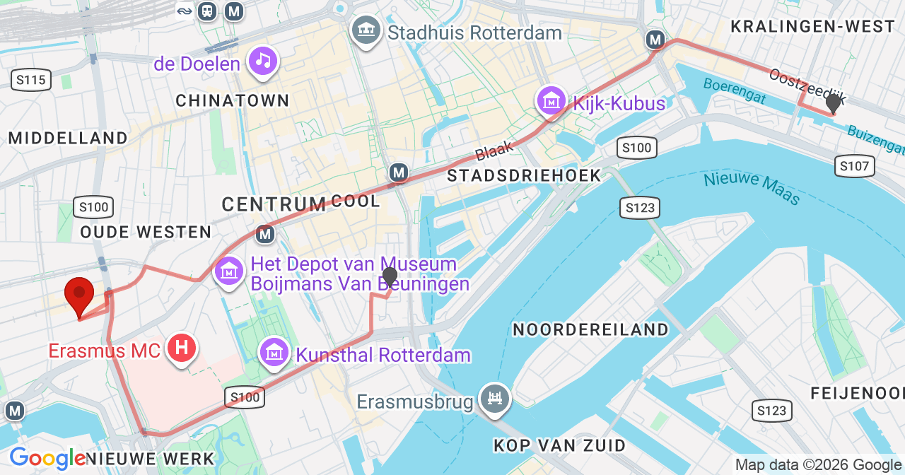 Kaart van het incident in Rotterdam met de aanrijroutes van de gealarmeerde eenheden