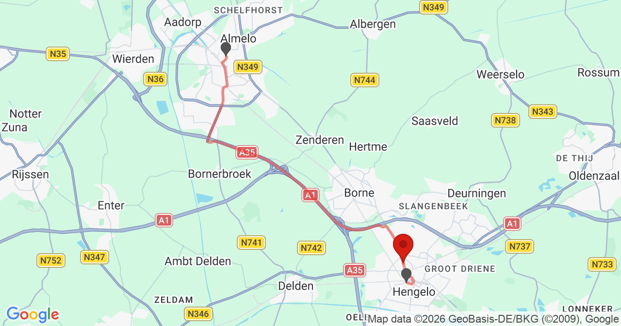 Kaart van het incident in Hengelo met de aanrijroutes van de gealarmeerde eenheden