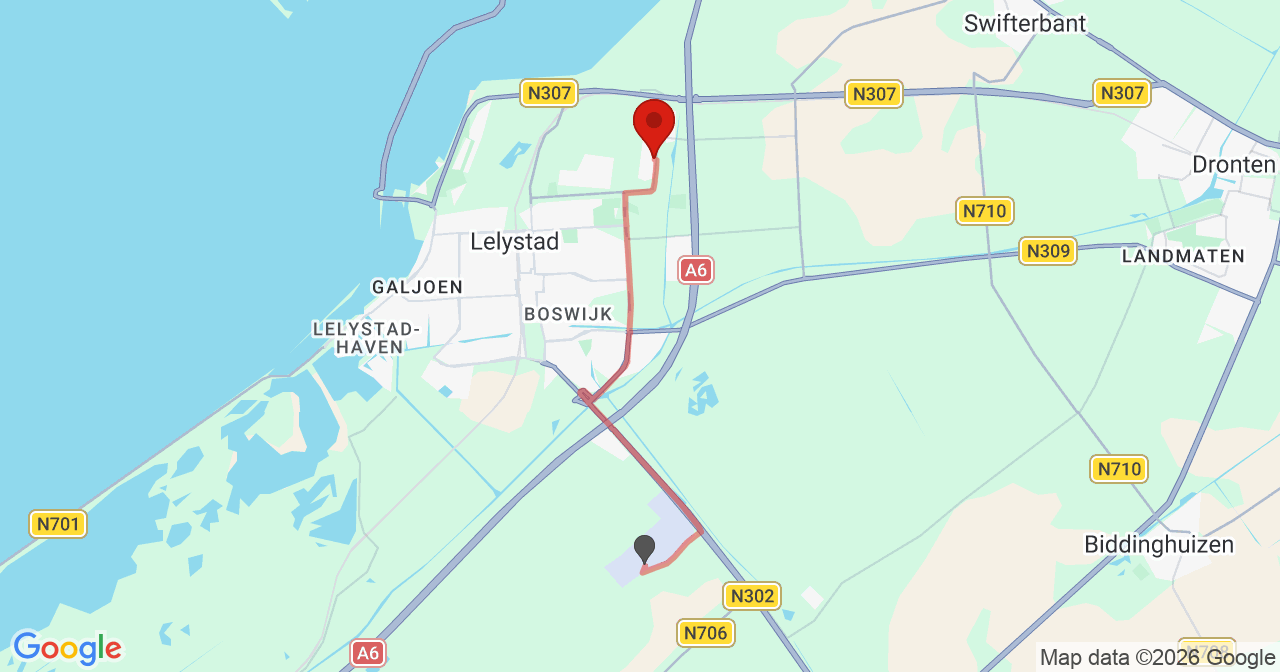 Kaart van het incident in Lelystad met de aanrijroutes van de gealarmeerde eenheden