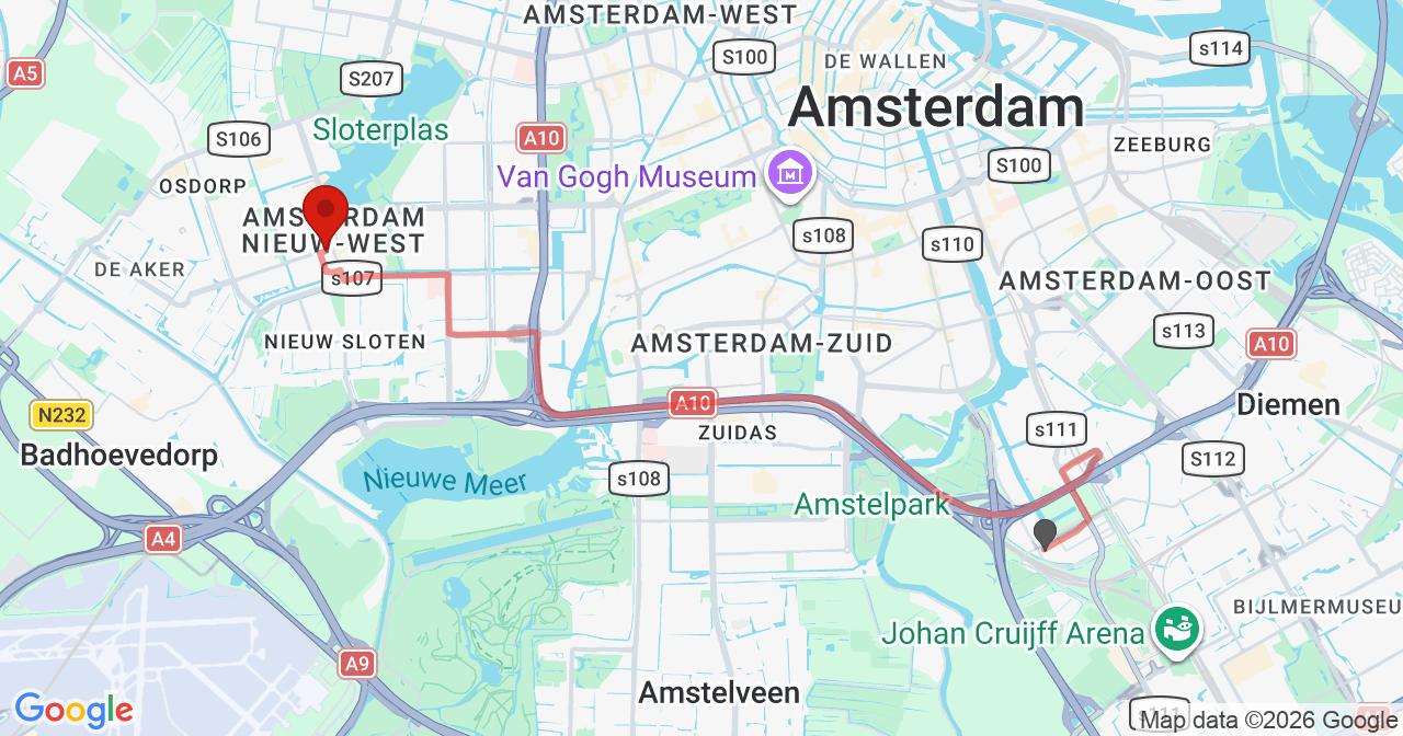Kaart van het incident in Amsterdam met de aanrijroutes van de gealarmeerde eenheden