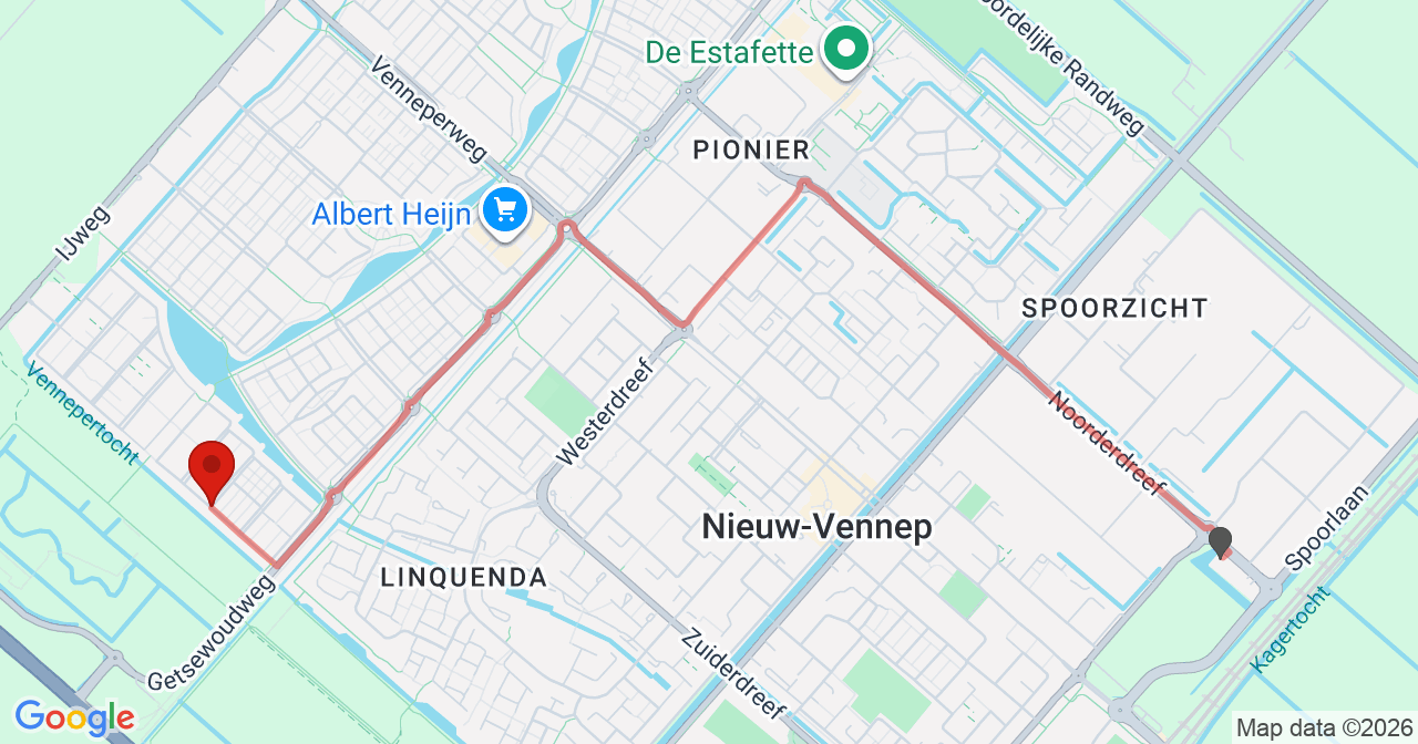 Kaart van het incident in Nieuw-Vennep met de aanrijroutes van de gealarmeerde eenheden