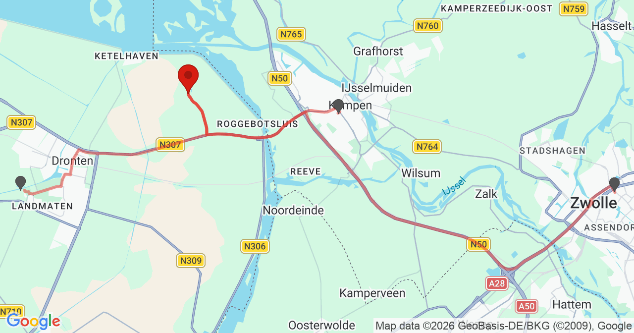 Kaart van het incident in Dronten met de aanrijroutes van de gealarmeerde eenheden