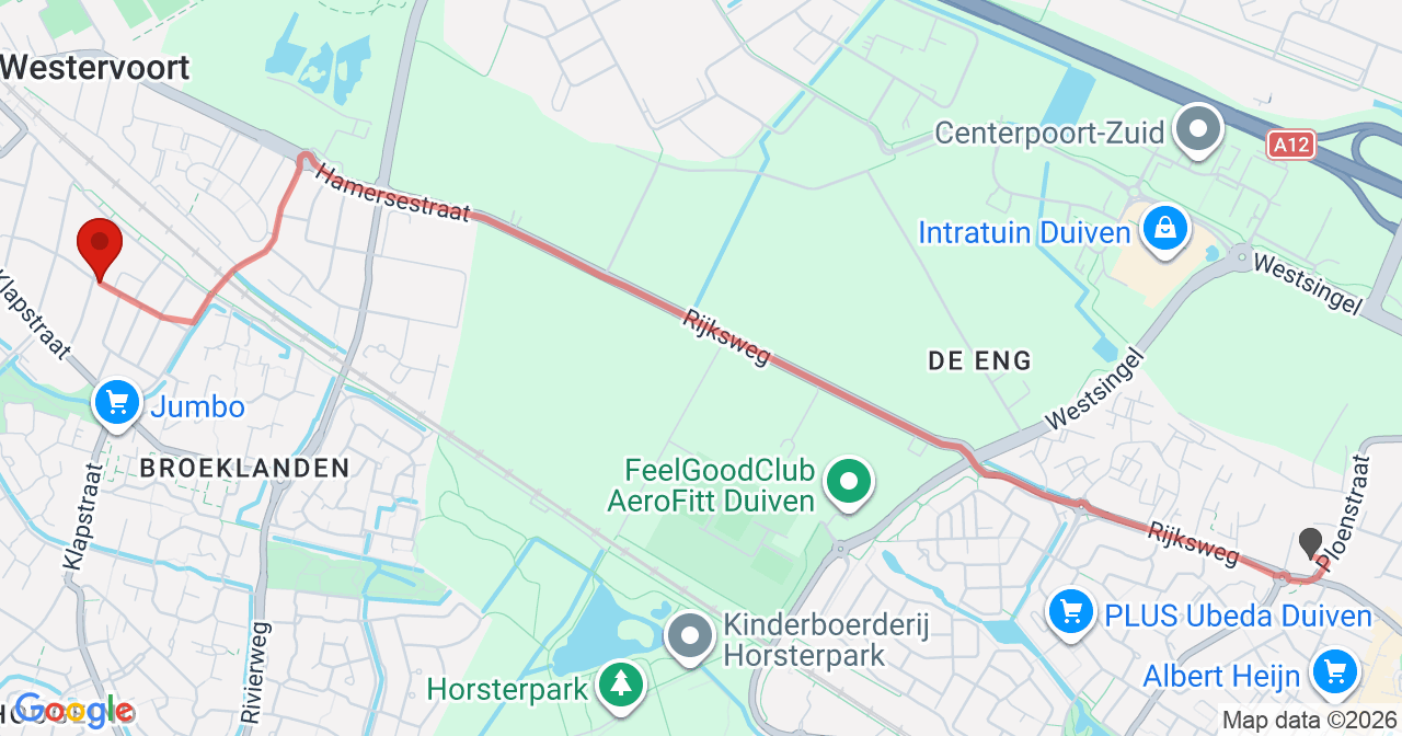 Kaart van het incident in Westervoort met de aanrijroutes van de gealarmeerde eenheden