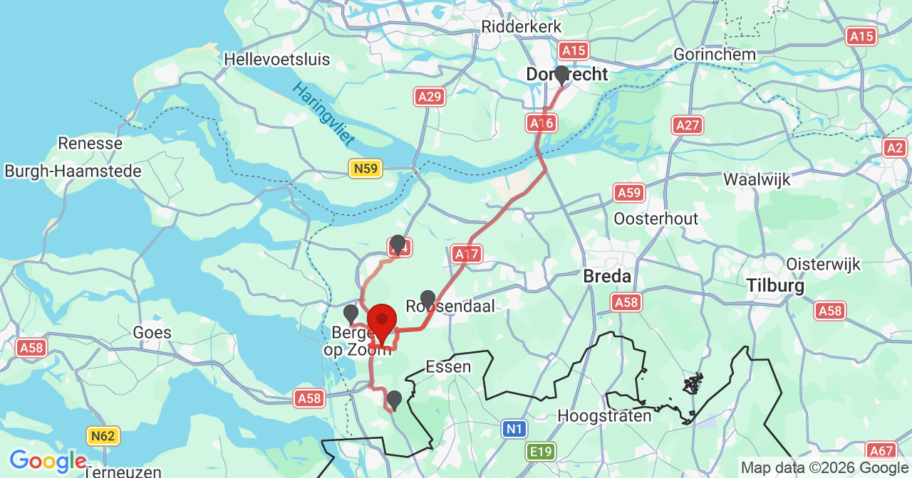 Kaart van het incident in Bergen op Zoom met de aanrijroutes van de gealarmeerde eenheden