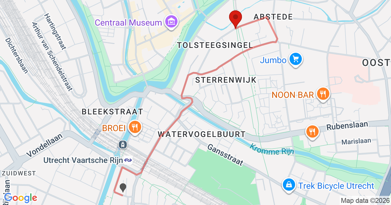 Kaart van het incident in Utrecht met berekende routes vanaf gealarmeerde posten