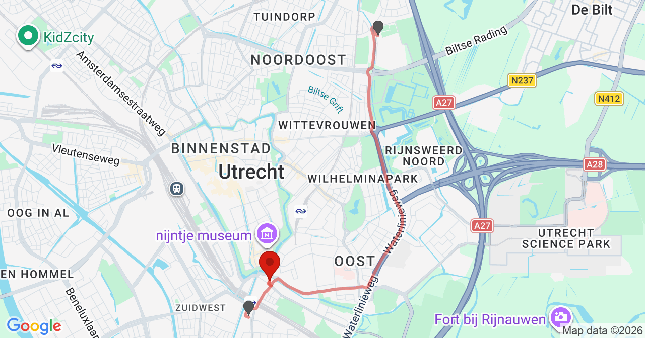 Kaart van het incident in Utrecht met de aanrijroutes van de gealarmeerde eenheden