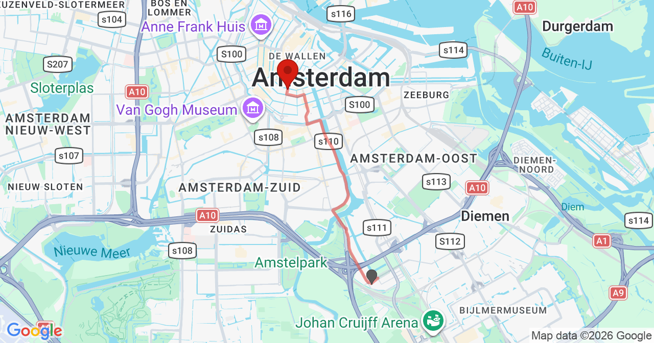 Kaart van het incident in Amsterdam met de aanrijroutes van de gealarmeerde eenheden