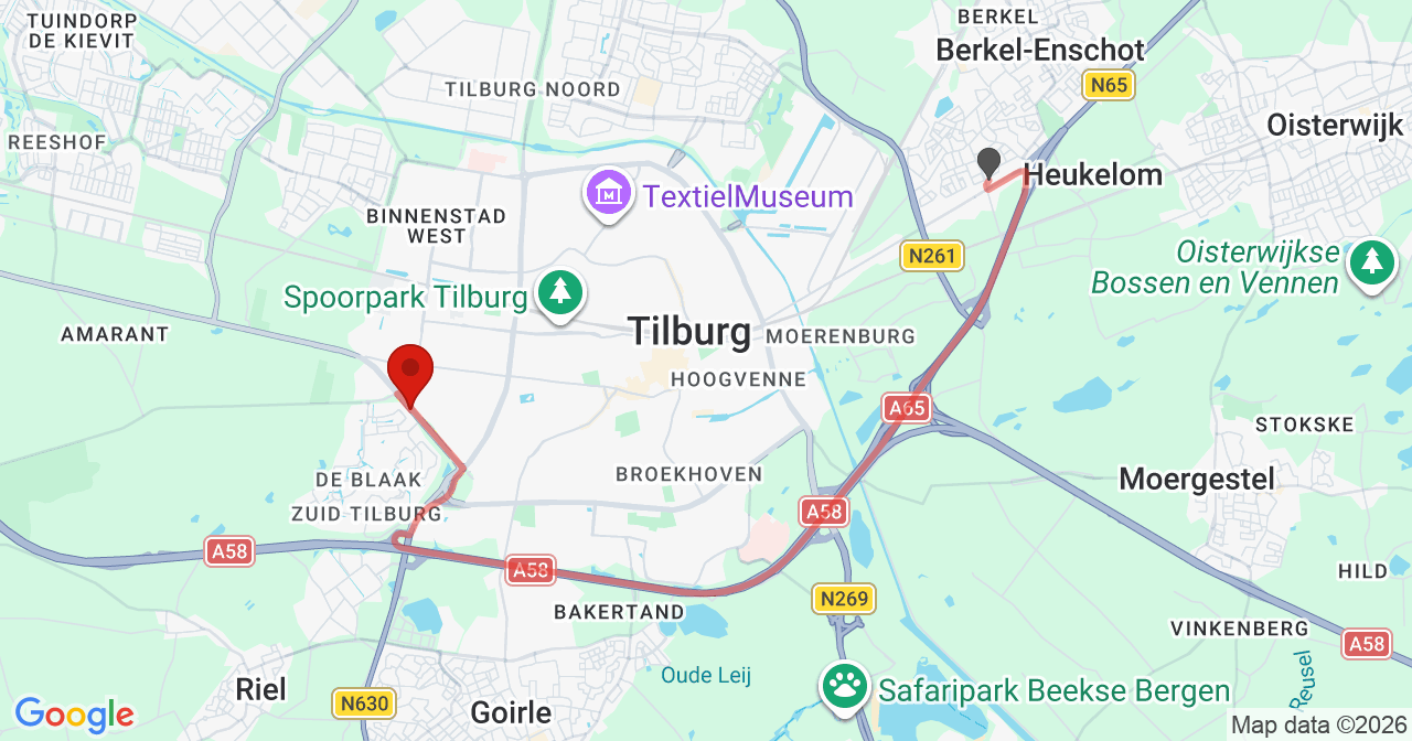 Kaart van het incident in Tilburg met berekende routes vanaf gealarmeerde posten