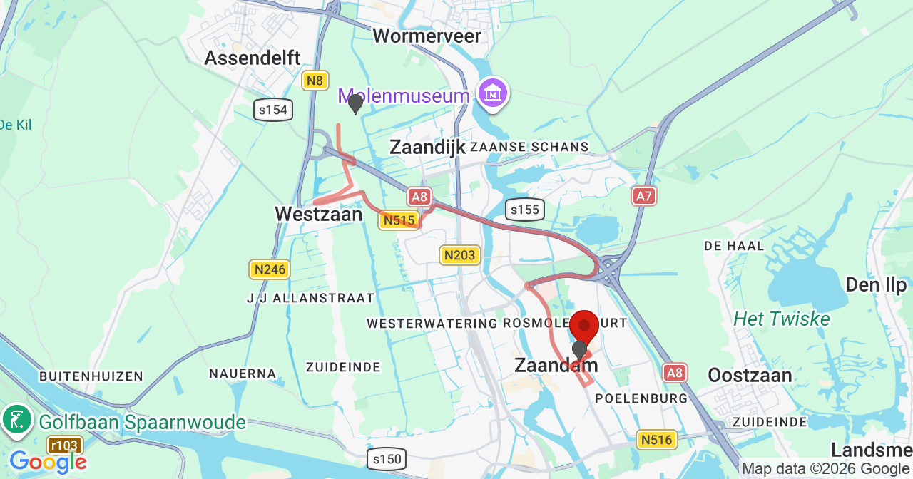 Kaart van het incident in Zaandam met de aanrijroutes van de gealarmeerde eenheden