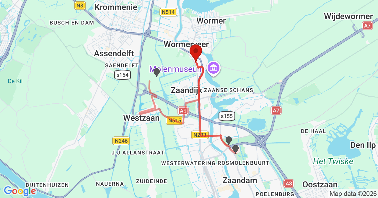 Kaart van het incident in Wormerveer met de aanrijroutes van de gealarmeerde eenheden