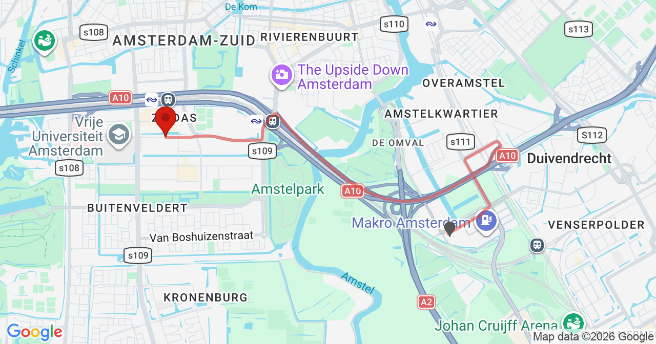 Kaart van het incident in Amsterdam met de aanrijroutes van de gealarmeerde eenheden