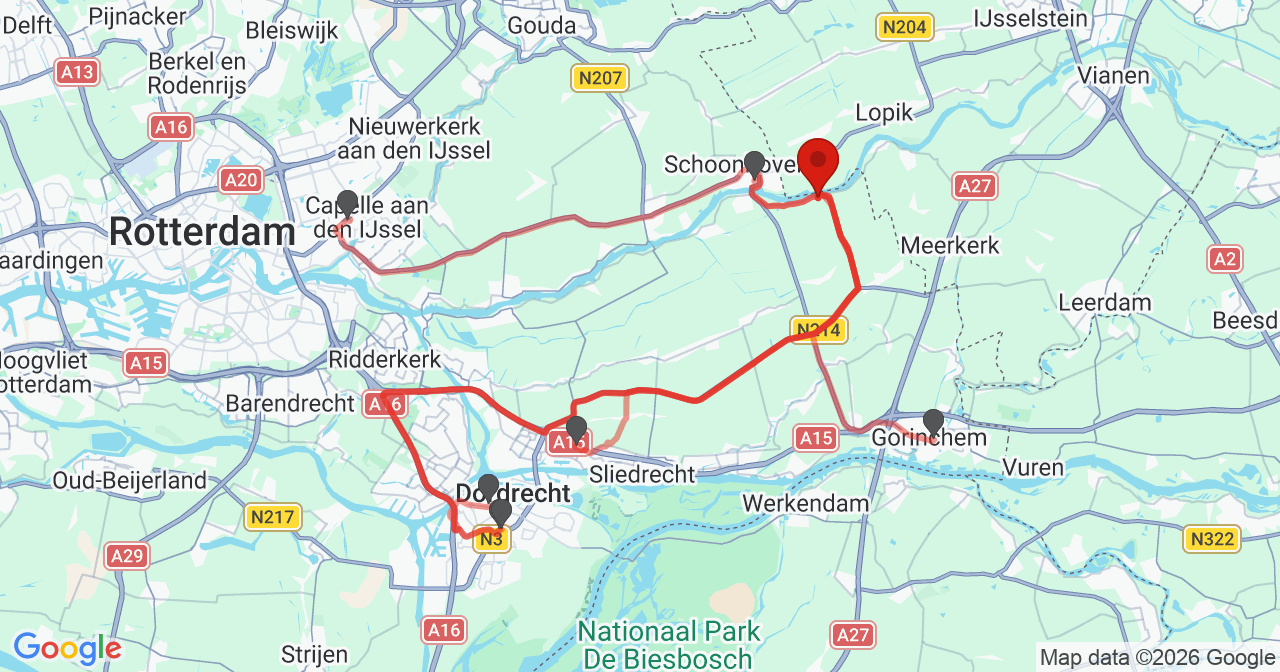 Kaart van het incident in Waal met de aanrijroutes van de gealarmeerde eenheden