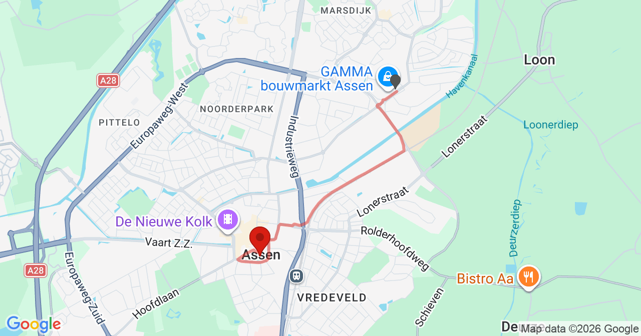 Kaart van het incident in Assen met de aanrijroutes van de gealarmeerde eenheden