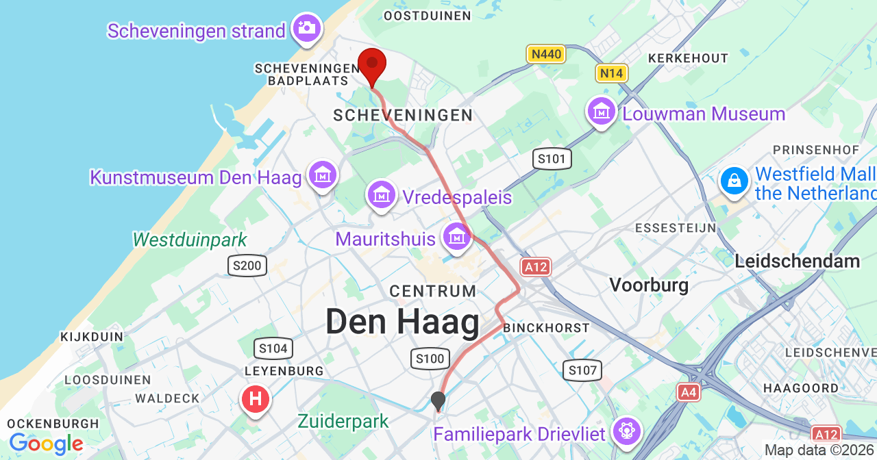 Kaart van het incident in 's-Gravenhage met de aanrijroutes van de gealarmeerde eenheden