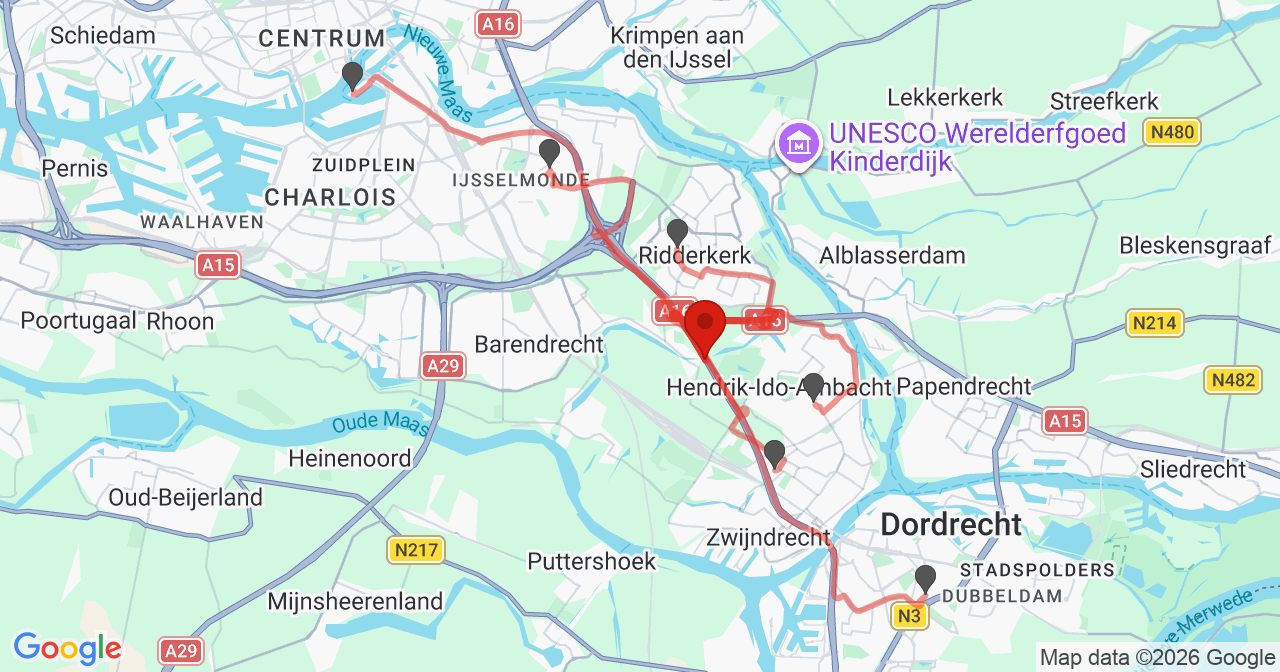 Kaart van het incident in Hendrik-Ido-Ambacht met de aanrijroutes van de gealarmeerde eenheden