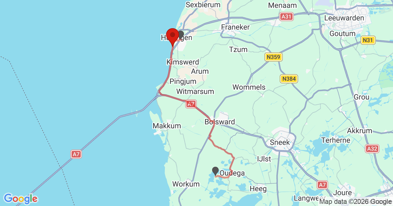 Kaart van het incident in Harlingen met de aanrijroutes van de gealarmeerde eenheden
