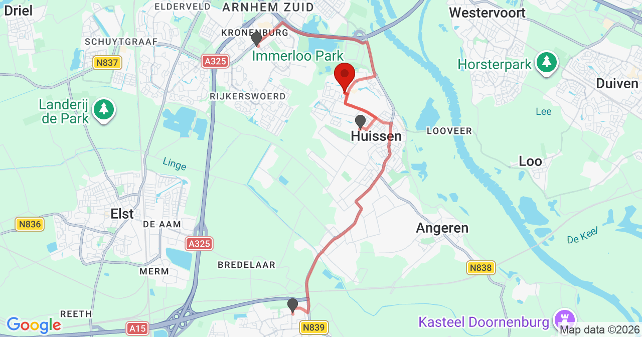 Kaart van het incident in Huissen met de aanrijroutes van de gealarmeerde eenheden