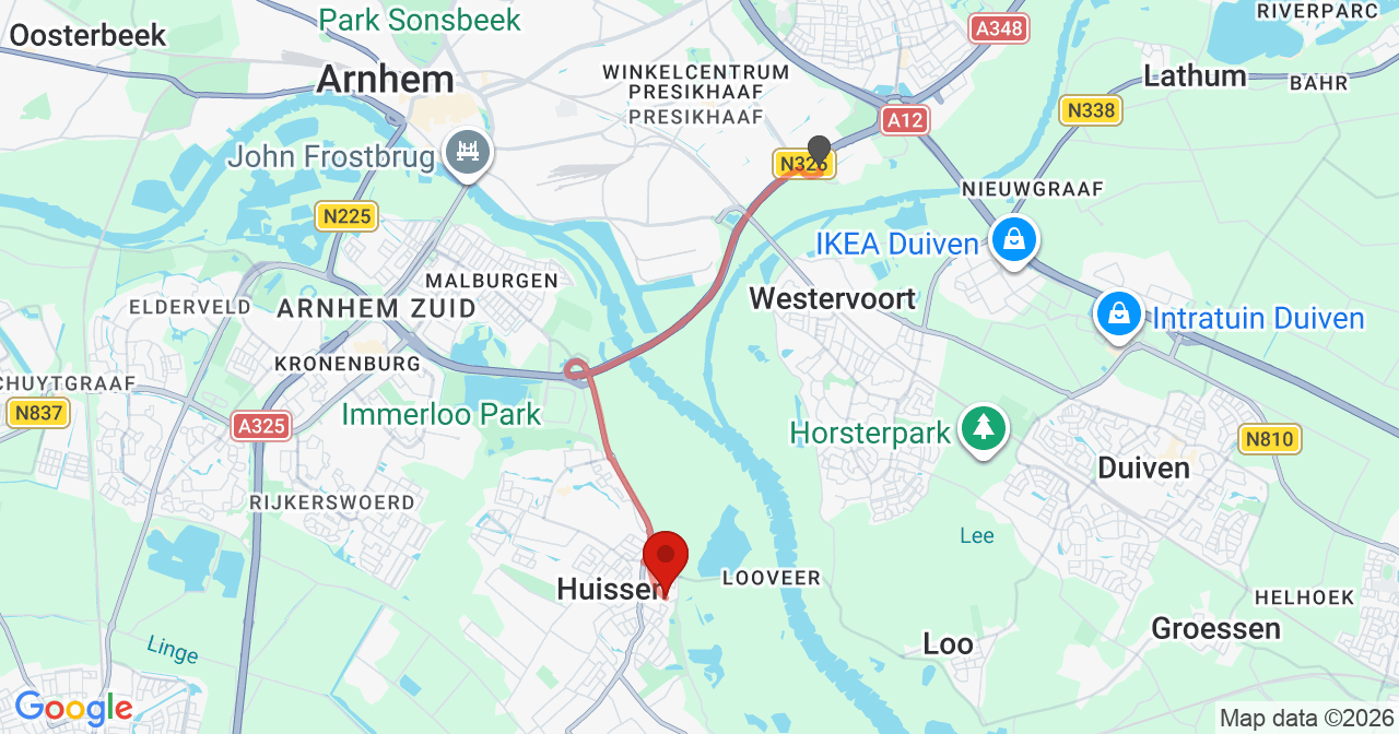 Kaart van het incident in Huissen met de aanrijroutes van de gealarmeerde eenheden
