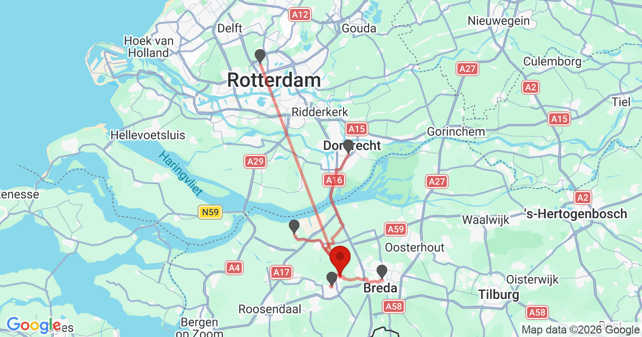 Kaart van het incident in Etten-Leur met de aanrijroutes van de gealarmeerde eenheden