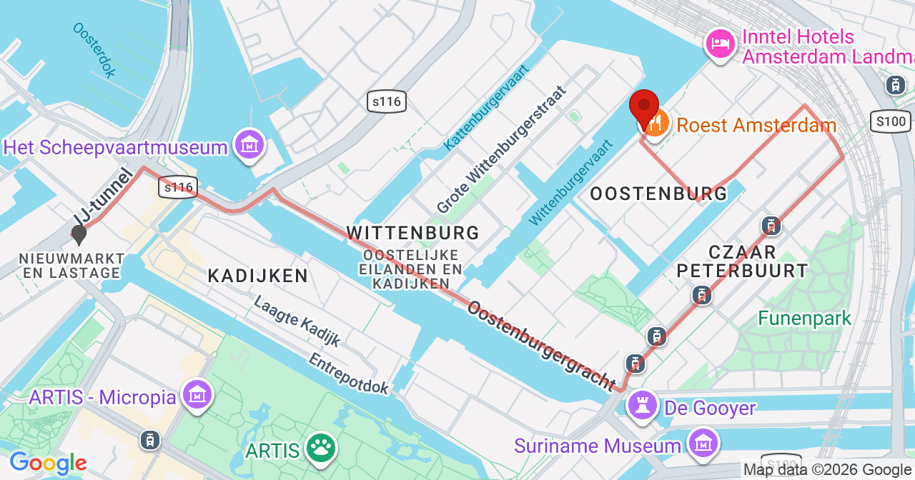 Kaart van het incident in Amsterdam met berekende routes vanaf gealarmeerde posten