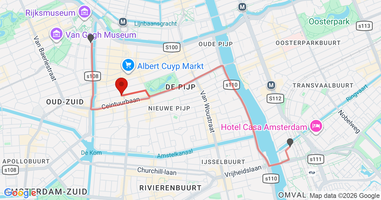 Kaart van het incident in Amsterdam met de aanrijroutes van de gealarmeerde eenheden