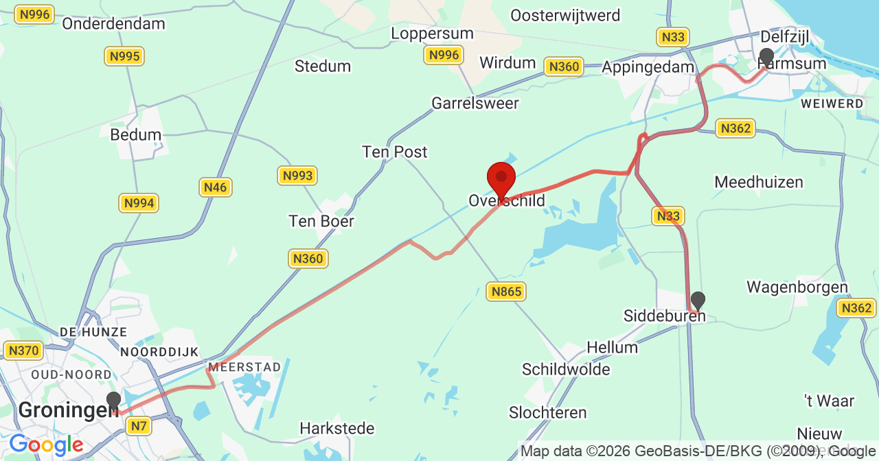 Kaart van het incident in Overschild met de aanrijroutes van de gealarmeerde eenheden