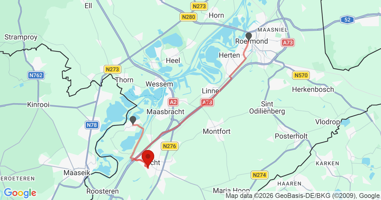 Kaart van het incident in Echt met de aanrijroutes van de gealarmeerde eenheden