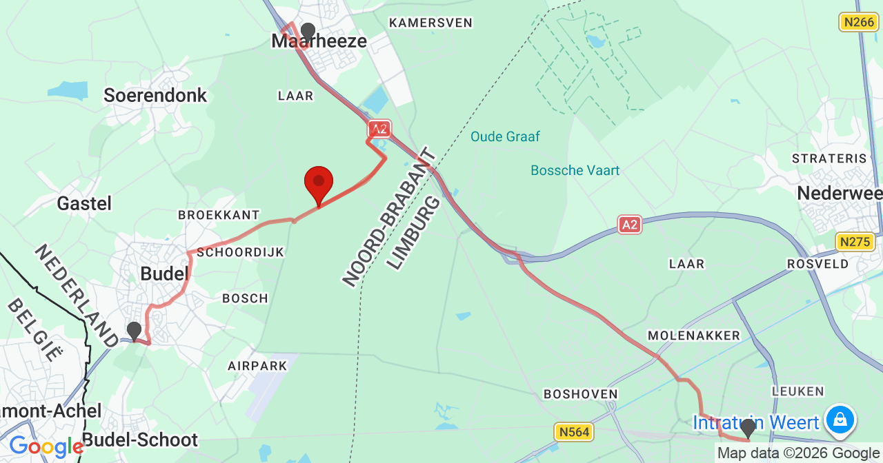 Kaart van het incident in Budel met de aanrijroutes van de gealarmeerde eenheden