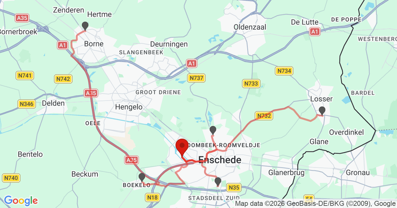 Kaart van het incident in Enschede met de aanrijroutes van de gealarmeerde eenheden