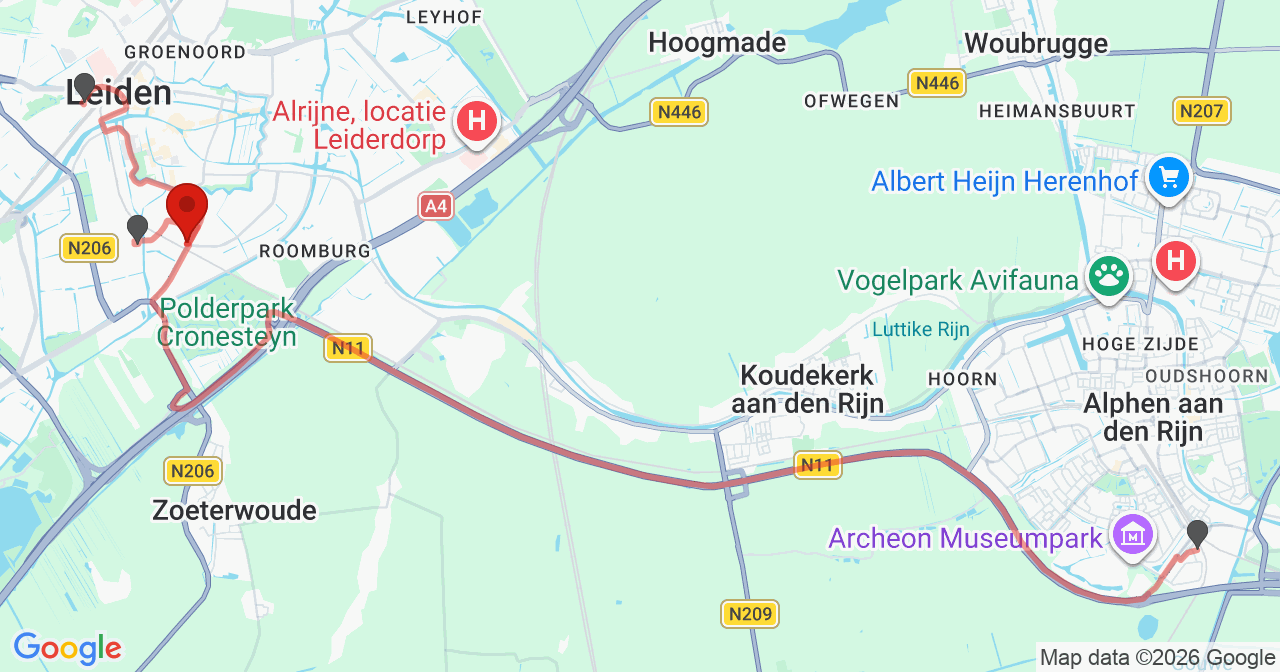 Kaart van het incident in Leiden met de aanrijroutes van de gealarmeerde eenheden