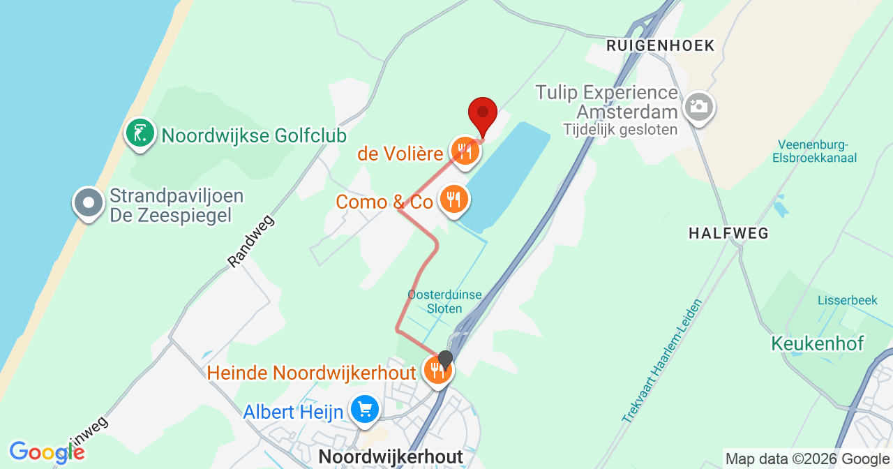 Kaart van het incident in Noordwijkerhout met de aanrijroutes van de gealarmeerde eenheden