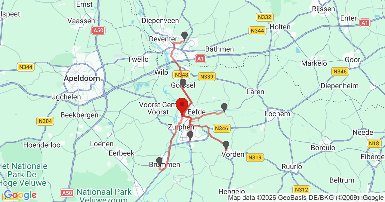 Kaart van het incident in Zutphen met de aanrijroutes van de gealarmeerde eenheden