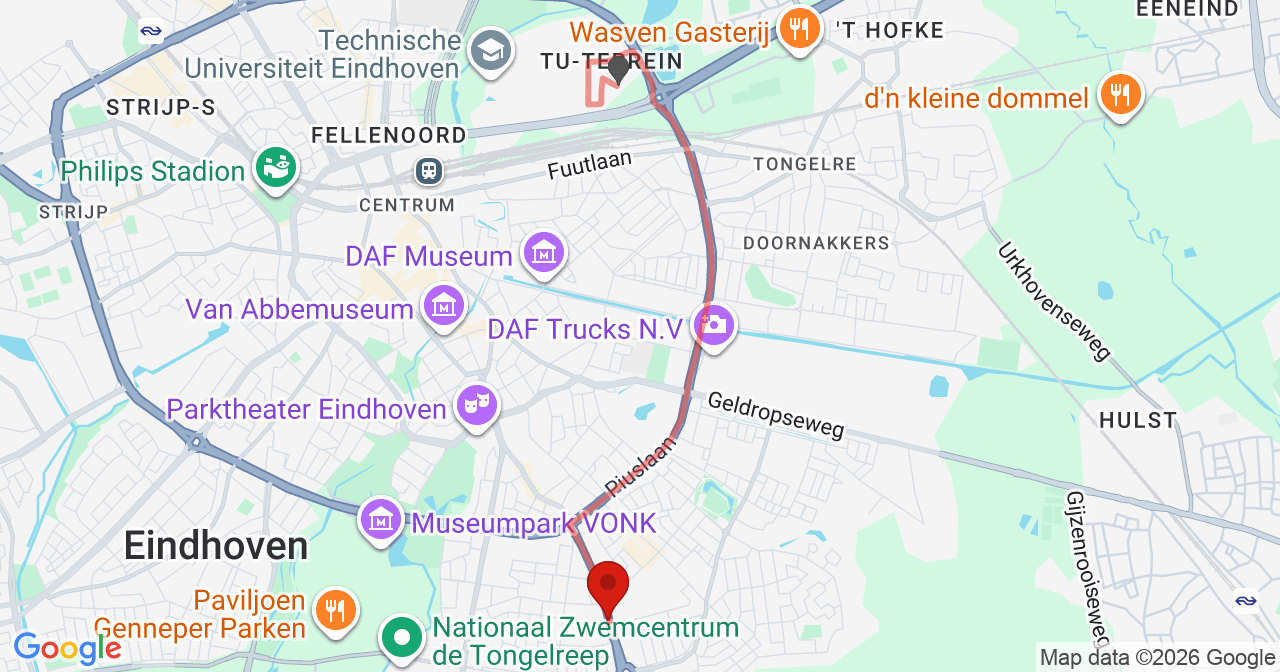 Kaart van het incident in Eindhoven met de aanrijroutes van de gealarmeerde eenheden