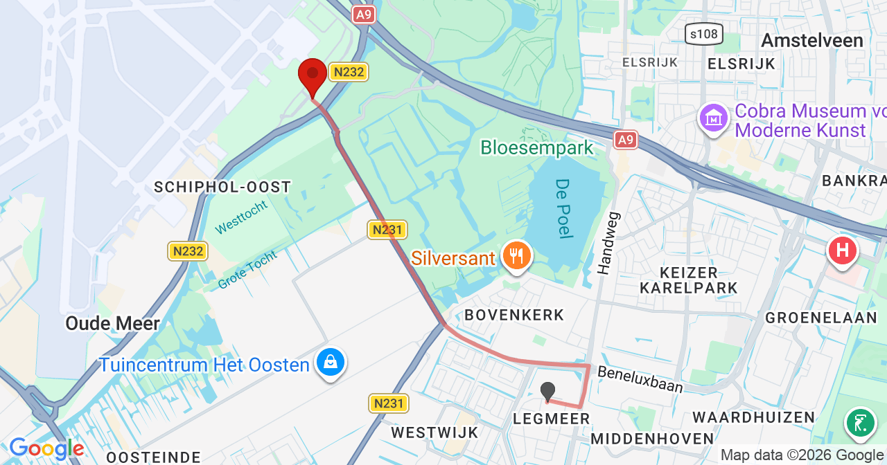 Kaart van het incident in Schiphol met de aanrijroutes van de gealarmeerde eenheden