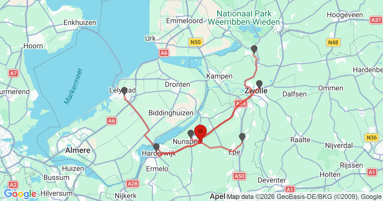 Kaart van het incident in Nunspeet met de aanrijroutes van de gealarmeerde eenheden