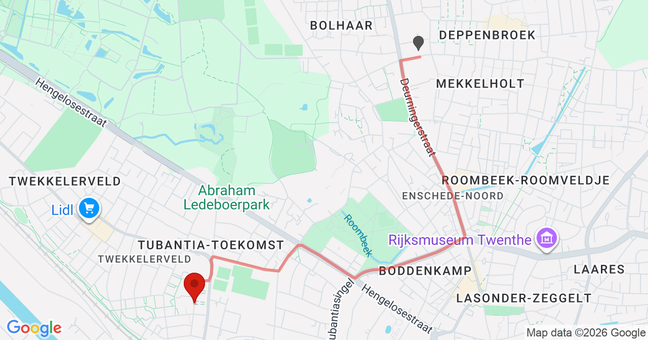 Kaart van het incident in Enschede met de aanrijroutes van de gealarmeerde eenheden