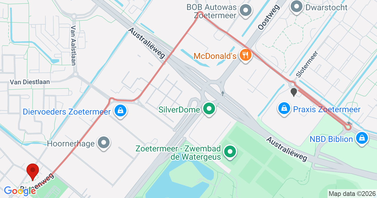 Kaart van het incident in Zoetermeer met de aanrijroutes van de gealarmeerde eenheden