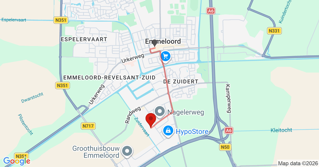 Kaart van het incident in Emmeloord met de aanrijroutes van de gealarmeerde eenheden