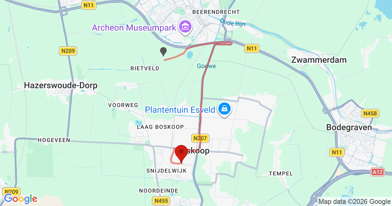 Kaart van het incident in Boskoop met de aanrijroutes van de gealarmeerde eenheden