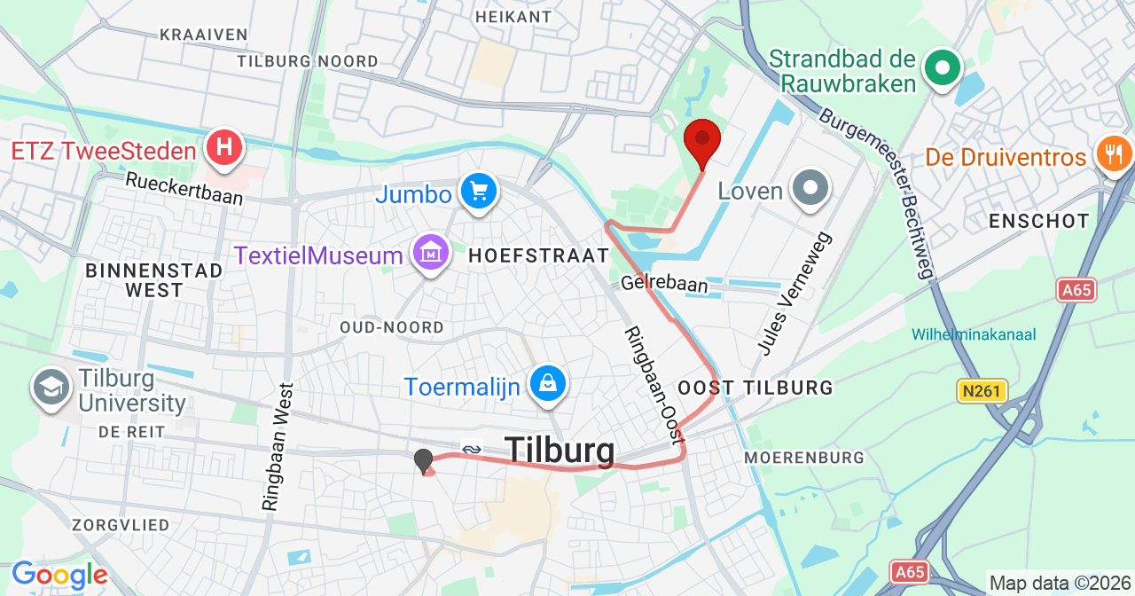 Kaart van het incident in Tilburg met de aanrijroutes van de gealarmeerde eenheden