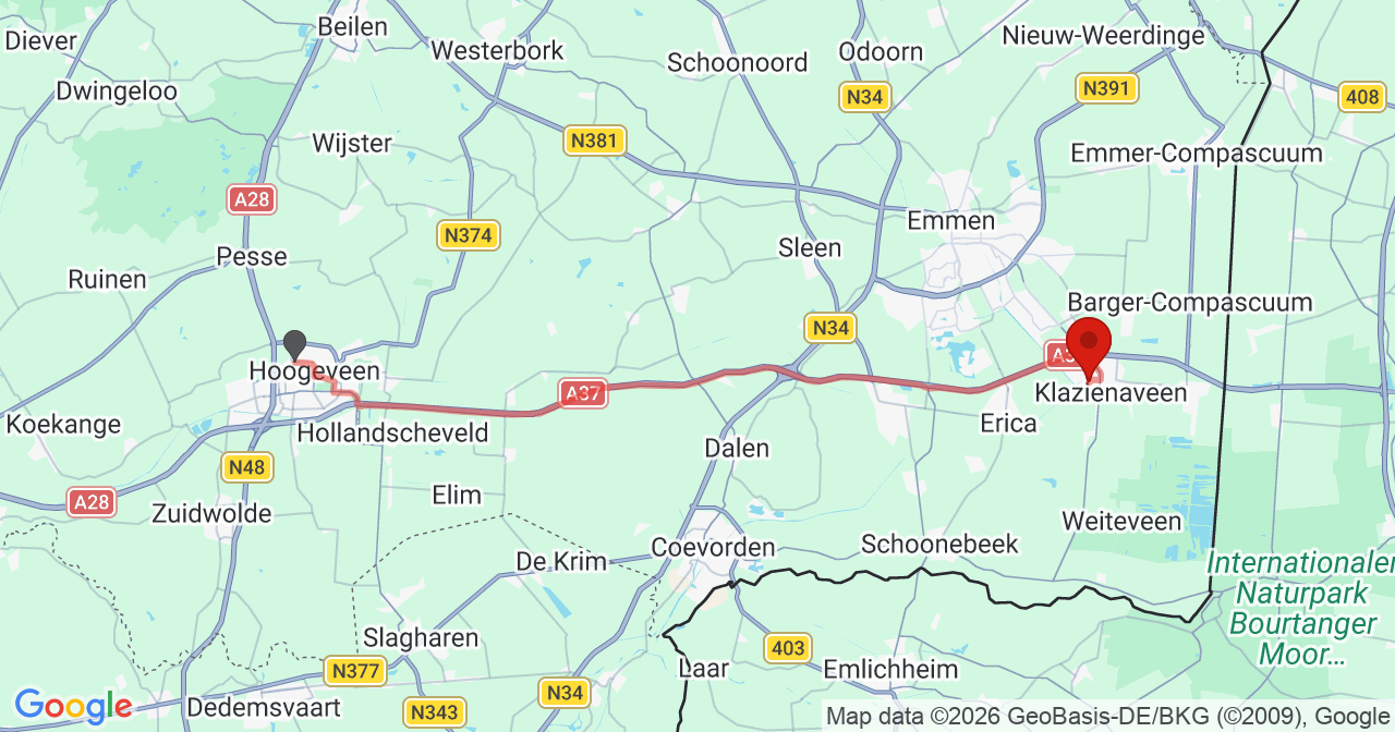 Kaart van het incident in Klazienaveen met de aanrijroutes van de gealarmeerde eenheden