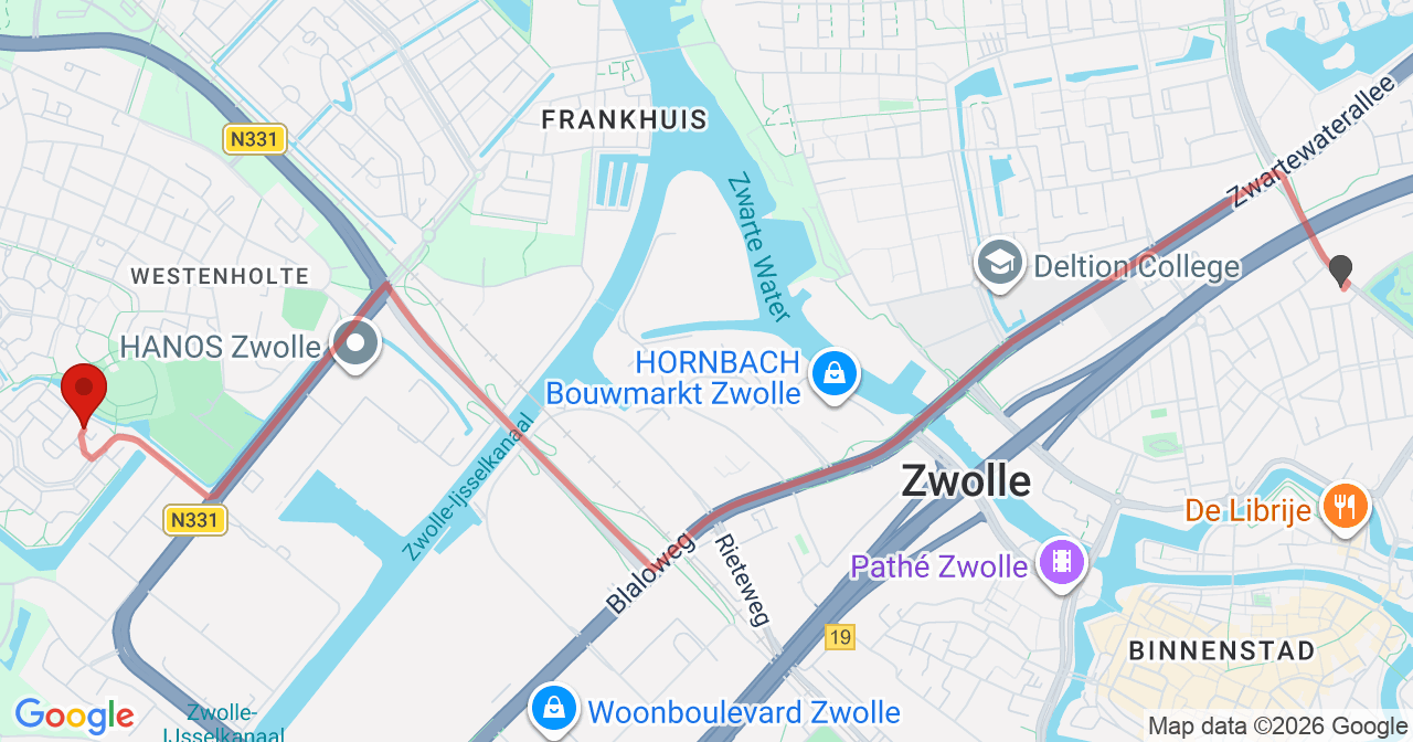 Kaart van het incident in Zwolle met de aanrijroutes van de gealarmeerde eenheden
