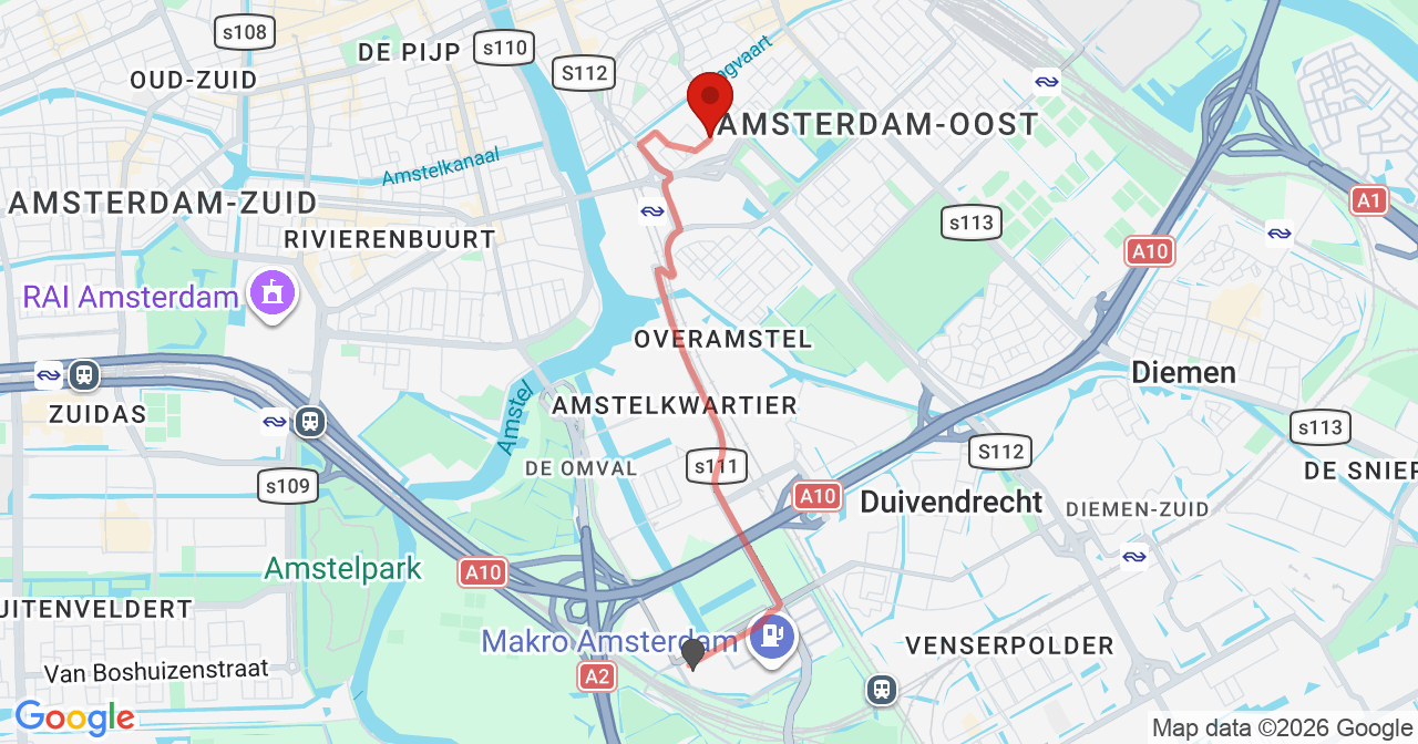 Kaart van het incident in Amsterdam met de aanrijroutes van de gealarmeerde eenheden