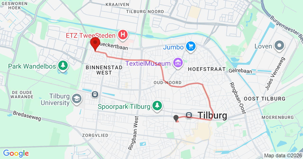 Kaart van het incident in Tilburg met de aanrijroutes van de gealarmeerde eenheden