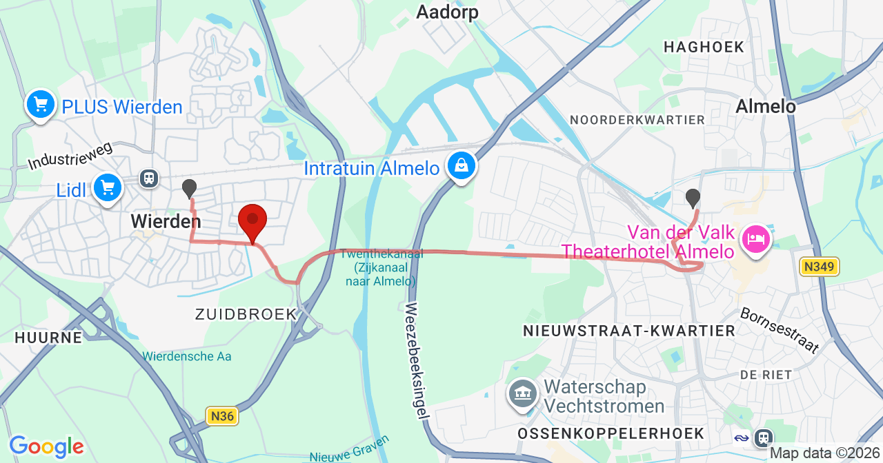 Kaart van het incident in Wierden met de aanrijroutes van de gealarmeerde eenheden